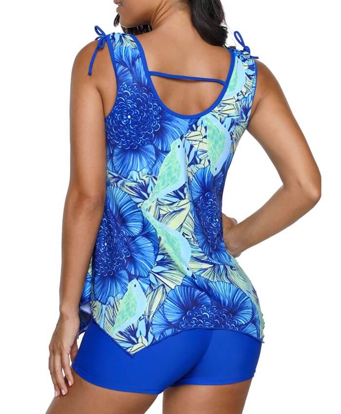 Asymmetric Hem Tie Shoulder Printed Tankini Set